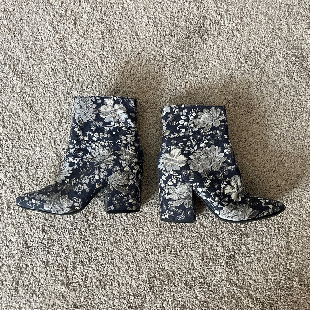 Floral Blue and Silver Retro Floral Ankle Boots
